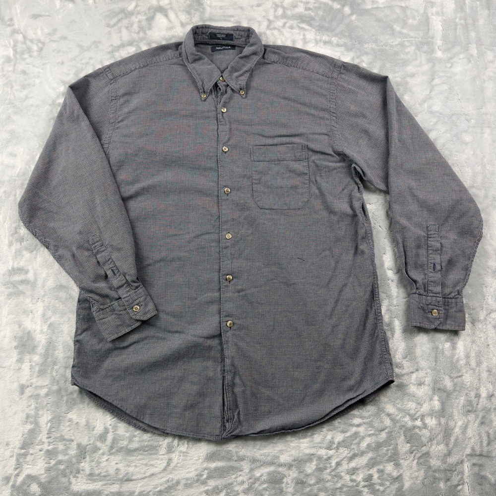 Nautica Mens Large Navy Blue Micro Check Button Down Shirt Long Sleeve Cotton